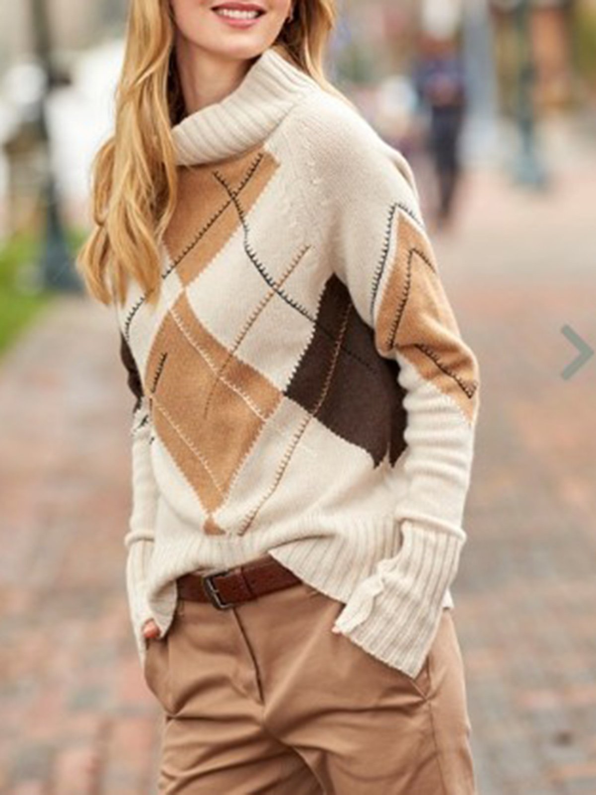 Beige Cotton-Blend Geometric Long Sleeve Sweater