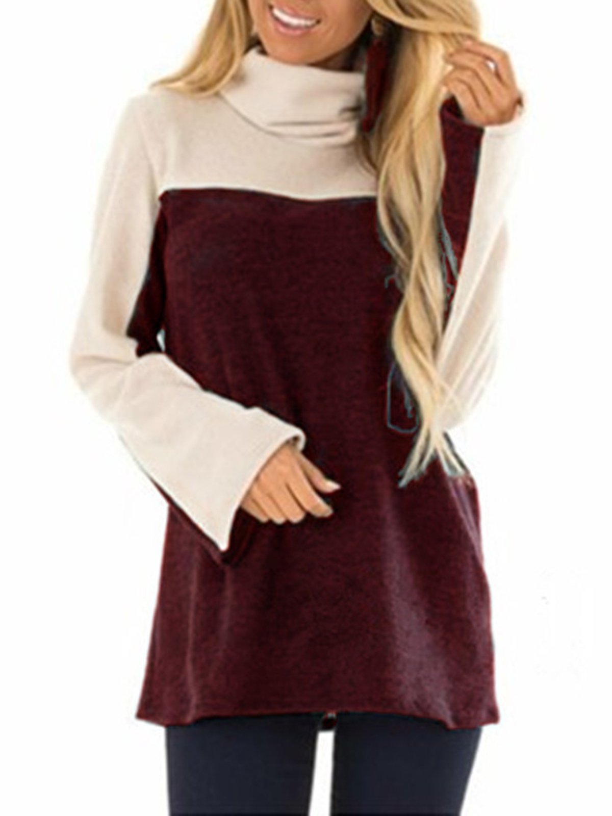 Turtle Neck Long Sleeve Vintage Color-Block T-Shirts