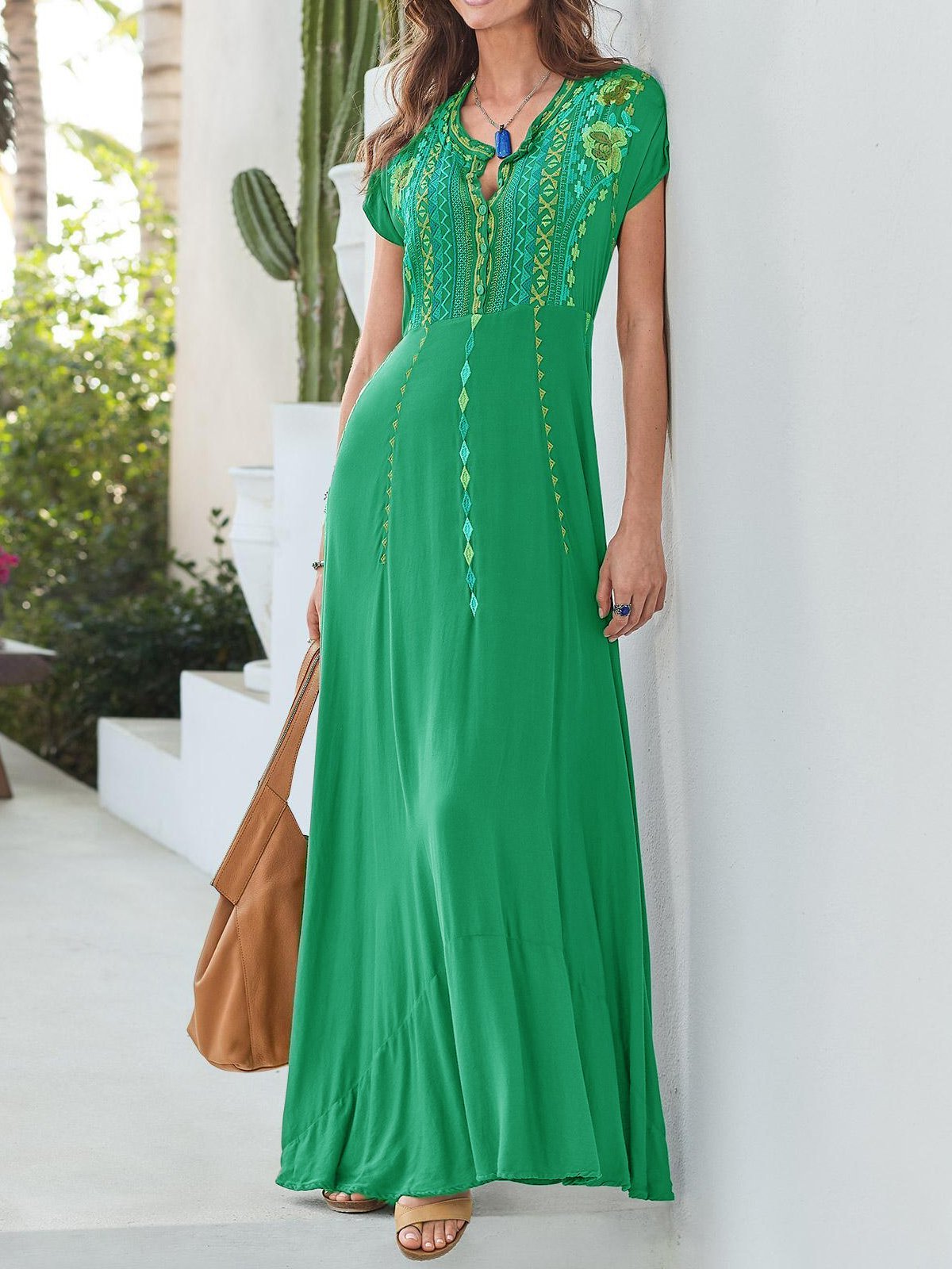 Gray Patchwork Cotton-Blend V Neck Short Sleeve Dresses