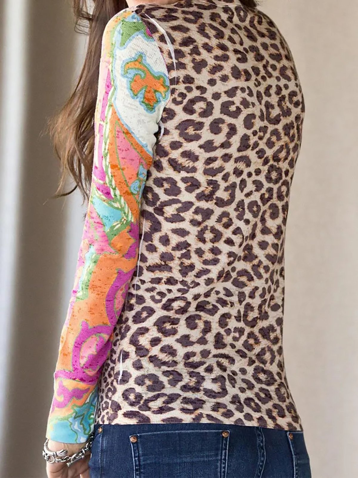 Cotton Crew Neck Leopard Long Sleeve Shirts & Tops