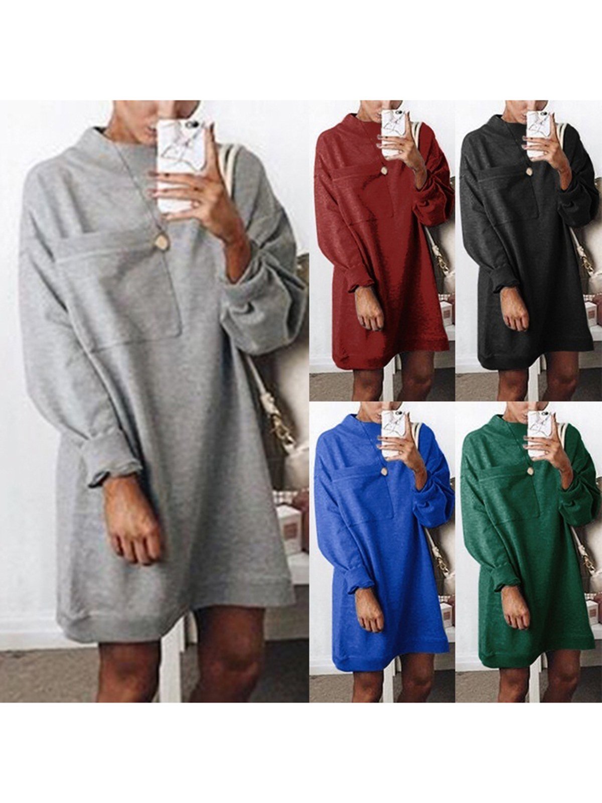 Round Neck Long Sleeve Plain Pocket Fashion Casual Dress
