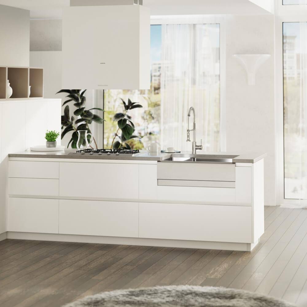 Rene R1-3003R-16 Offset Stainless Steel Apron Kitchen Sink in 16-Gauge with Two Grids and Two Strainers