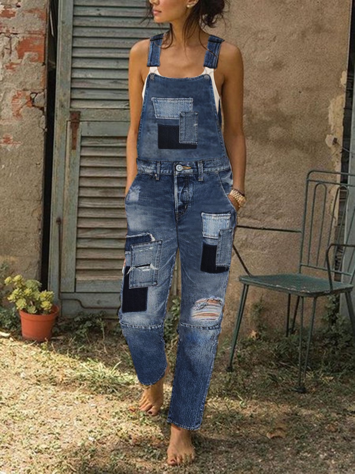 Patch denim overalls
