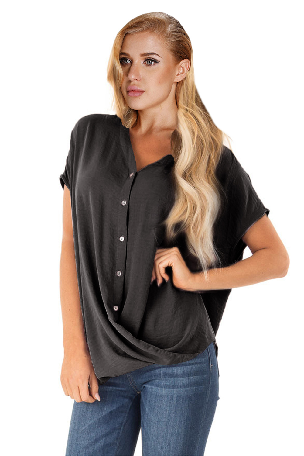 Black Short Sleeve Button up Blouse with Twisted