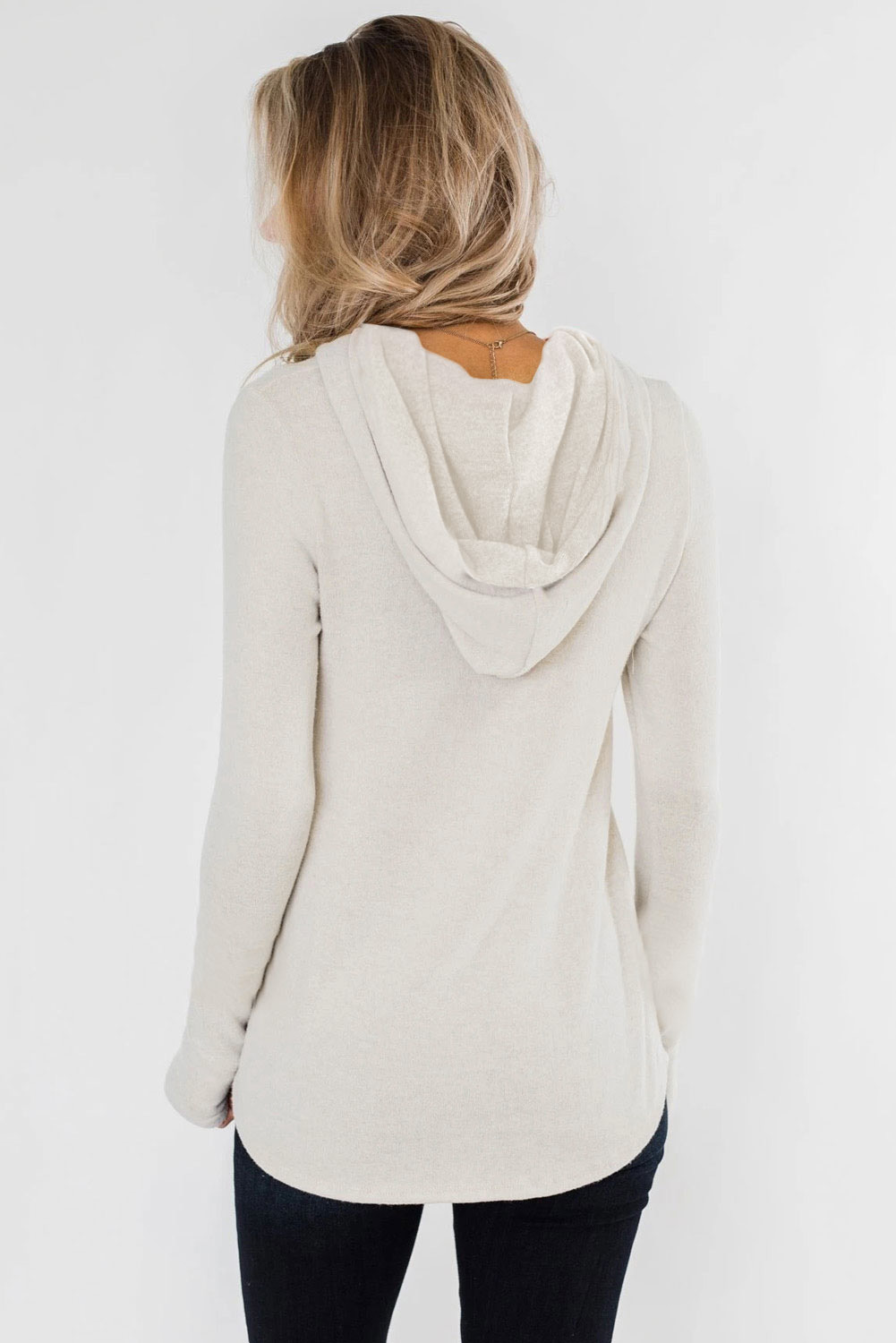 白色休闲拼色条纹长袖宽松连帽衫