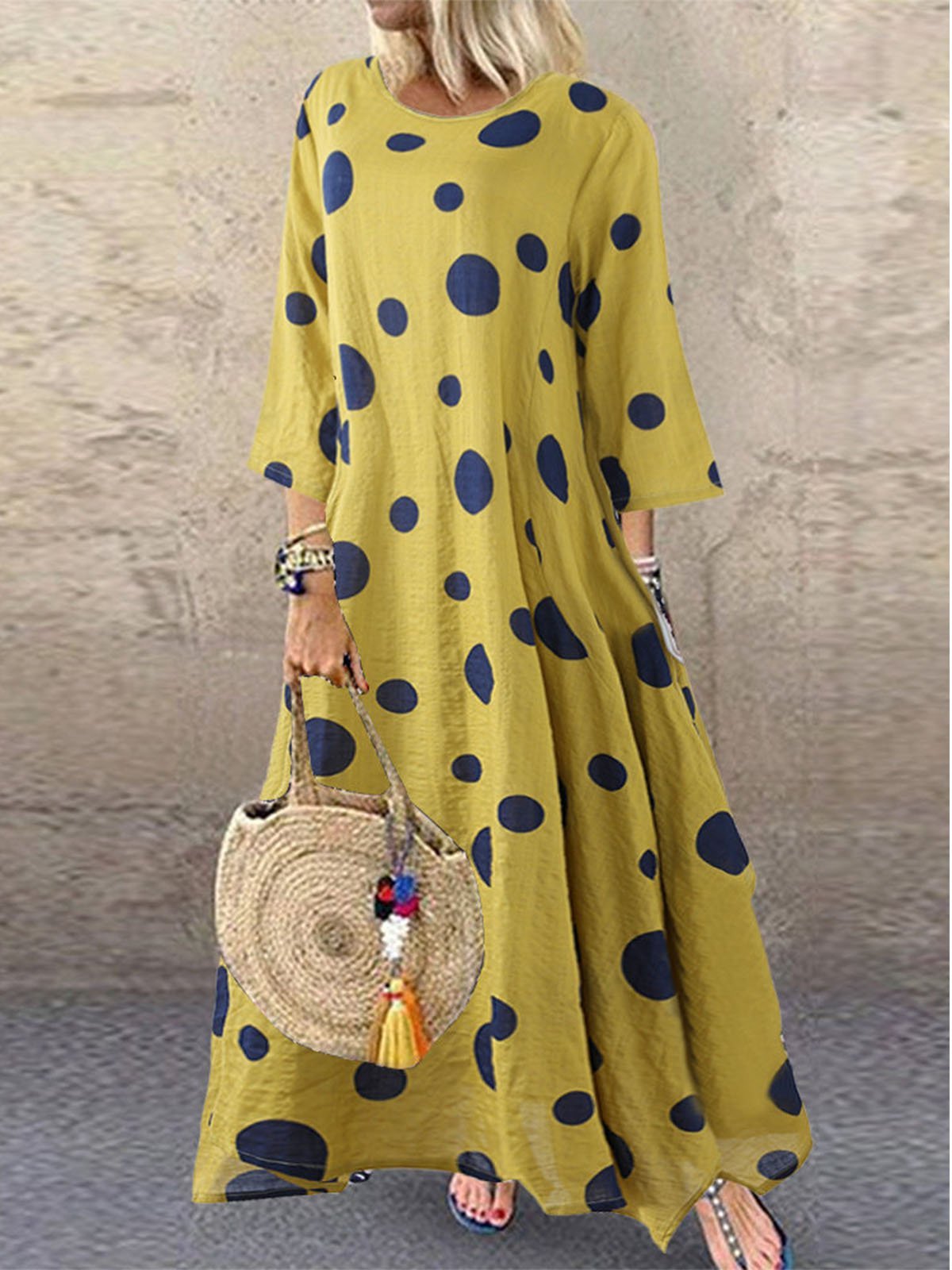 Cotton Round Neck 3/4 Sleeve Dresses