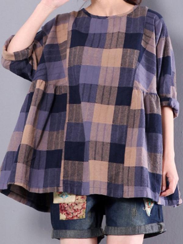 Half Sleeve Cotton-Blend Plaid Round Neck T-Shirts
