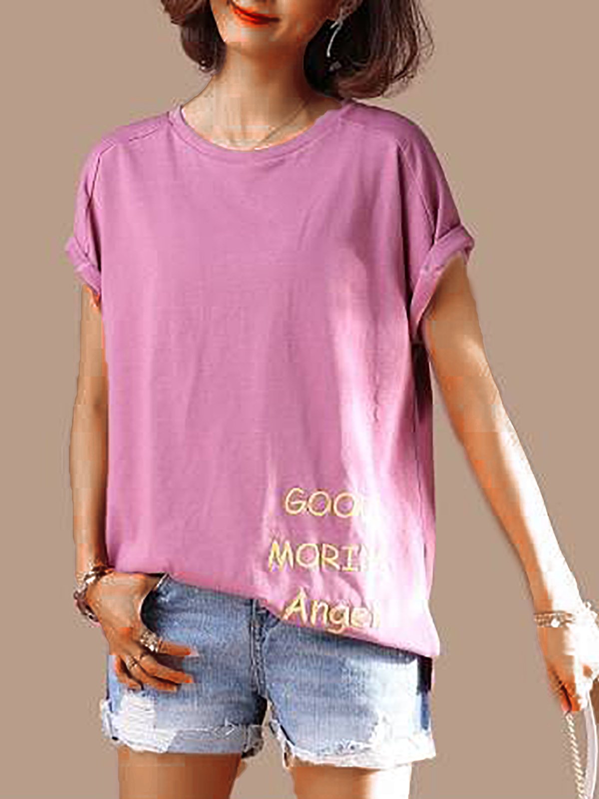 Plus Size Women  Embroidered Floral Short  Sleeve  Round  Neck  Solid  Loose Casual Top