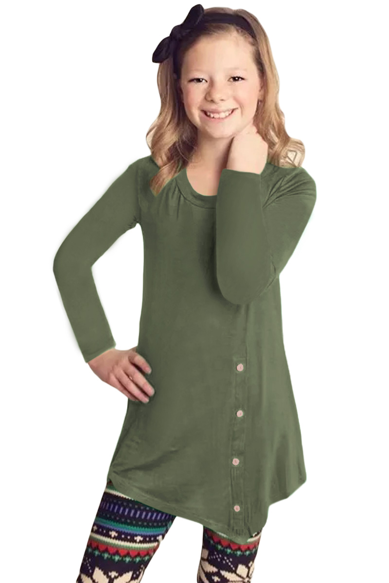 Green Little Girl Long Sleeve Button Tunic