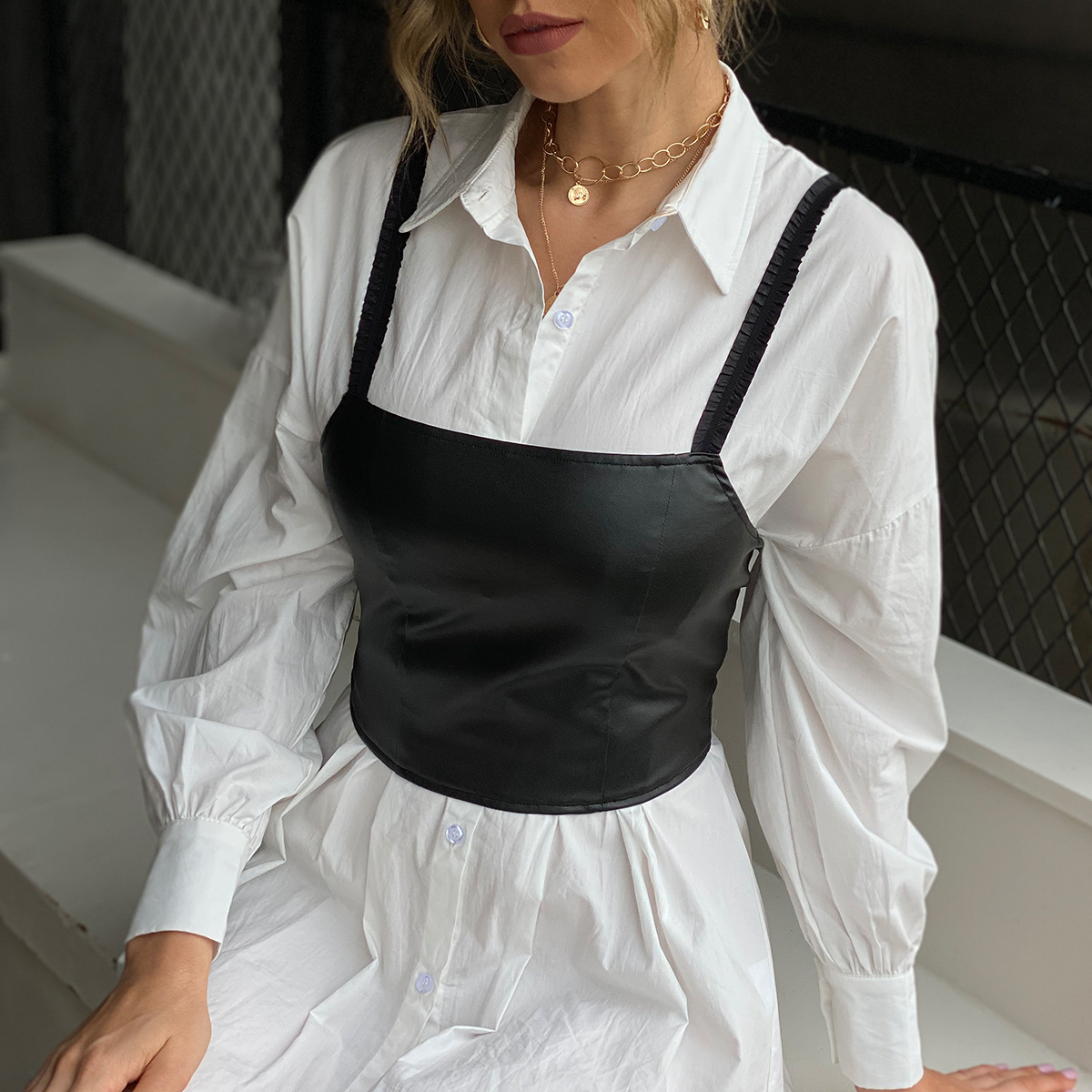 Sexy Black Leather Strap Crop Top