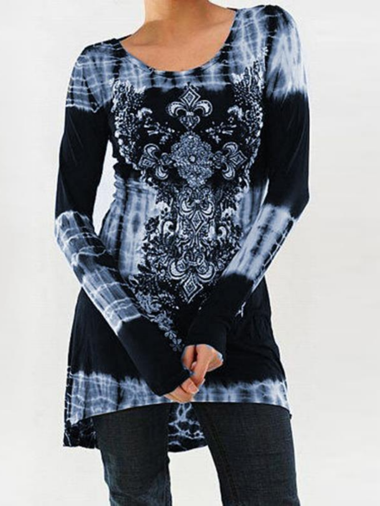 Long Sleeve Floral-Print O-Neck Vintage T-Shirts