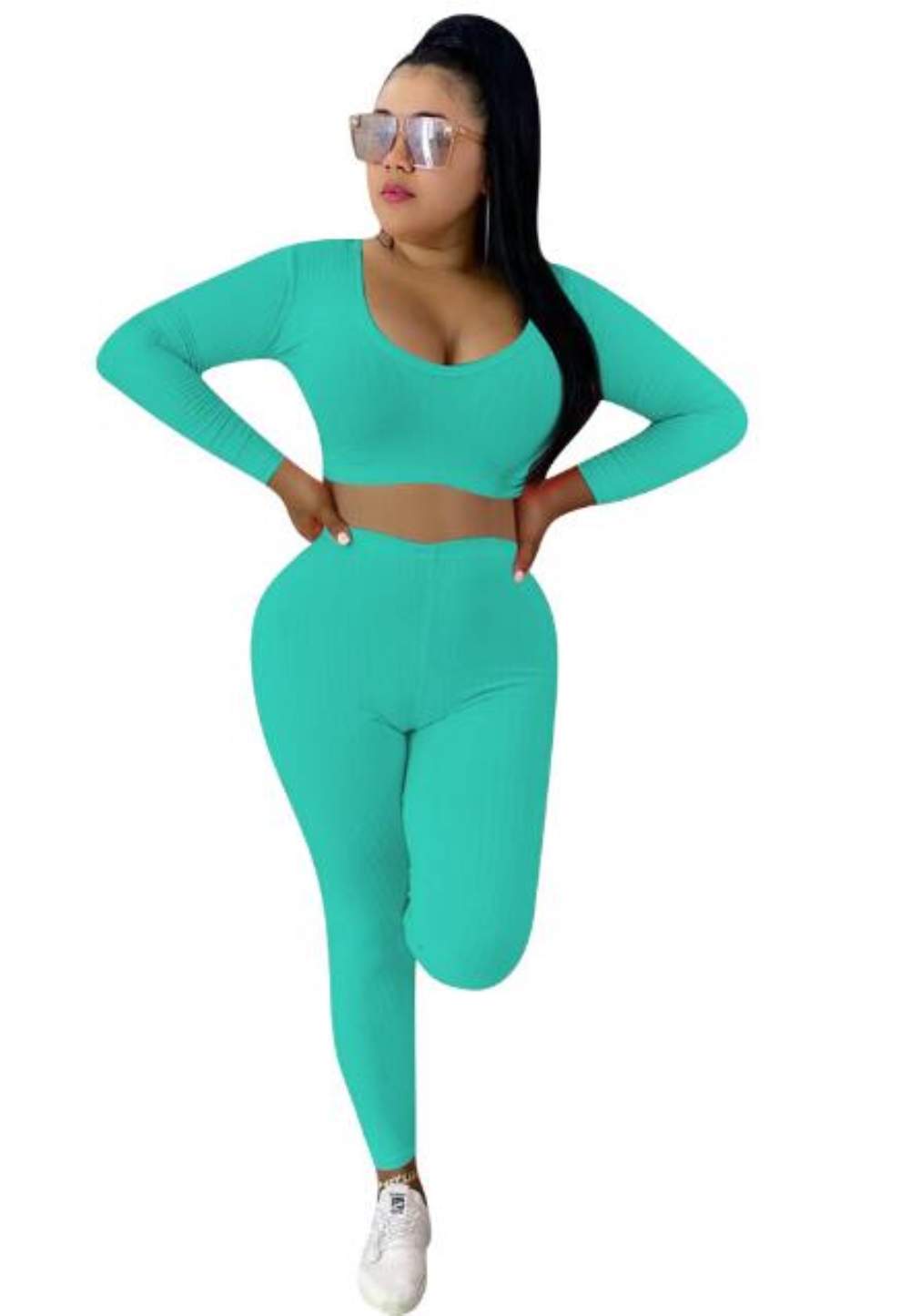 Sexy Knitted Long Sleeve Solid Crop Top and High Waist Legging Set
