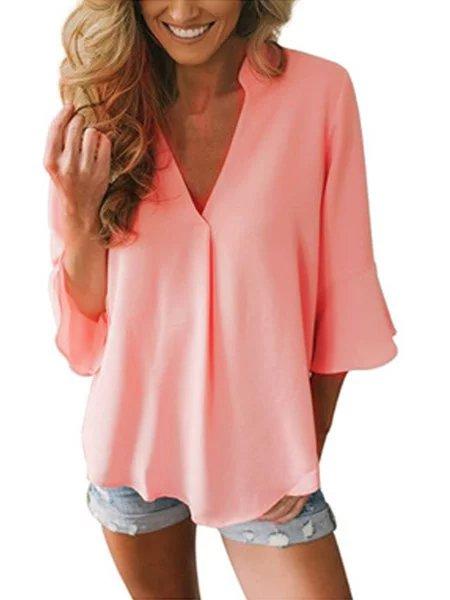 Casual V Neck Solid Blouse