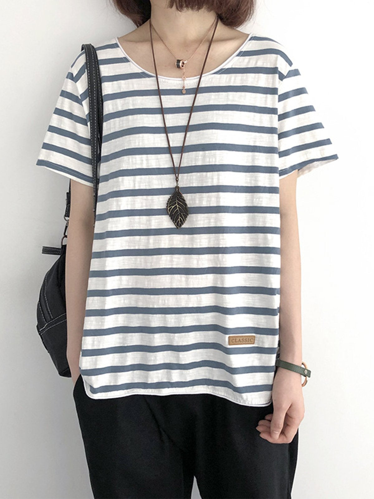 Casual Short Sleeve Striped Cotton Shirts & Tops