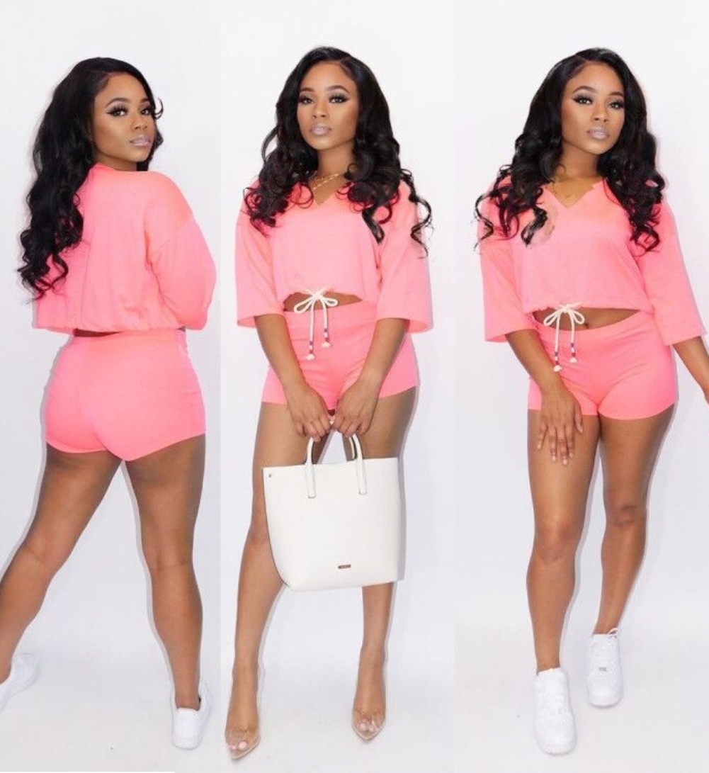 Summer Casual Two Piece Solid Color Biker Short Set