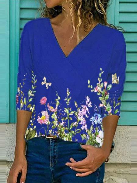 Floral-print V Neck Long Sleeve Shirts & Tops