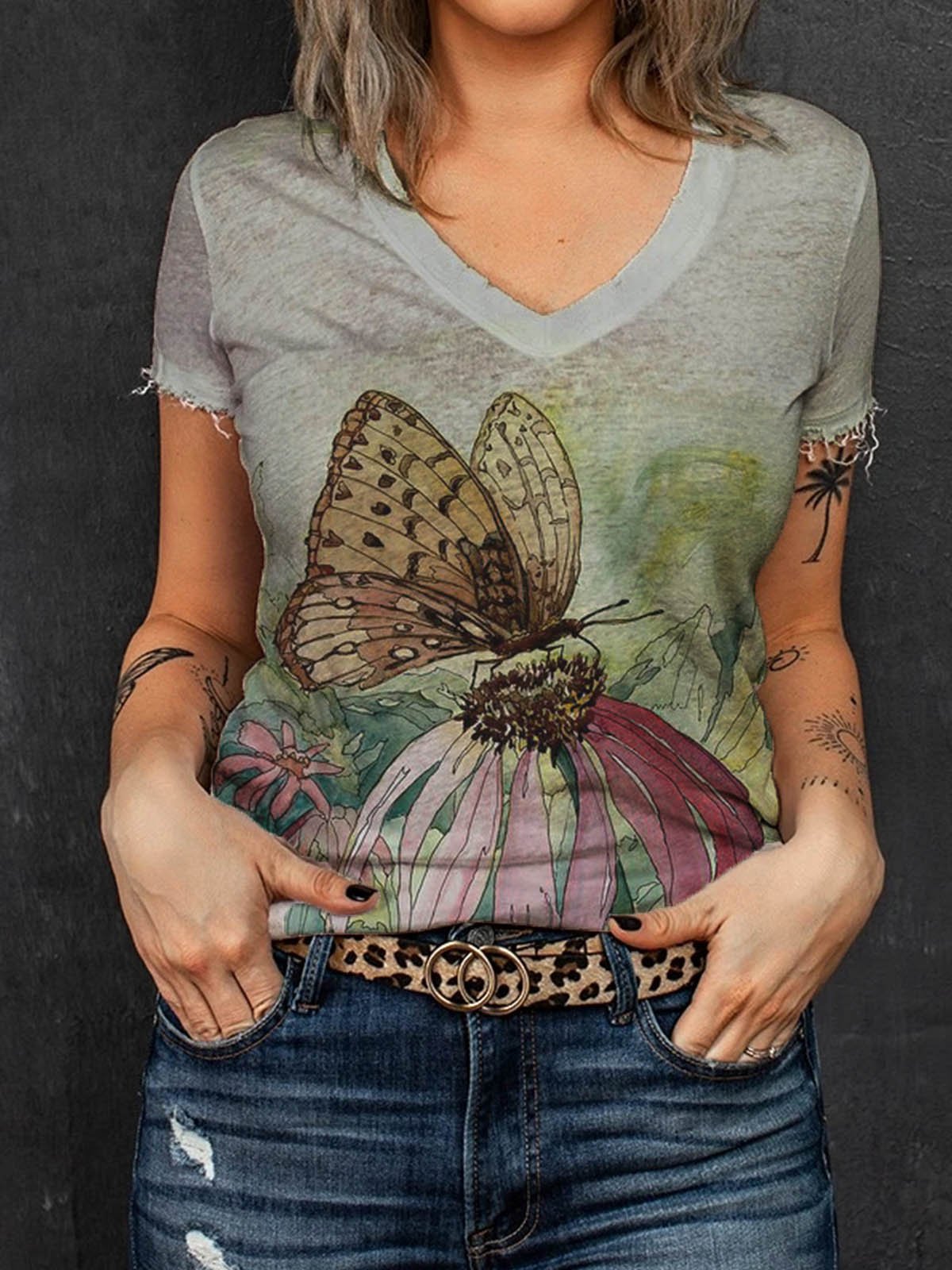 Cotton-Blend Short Sleeve Casual Printed Shirts & Tops