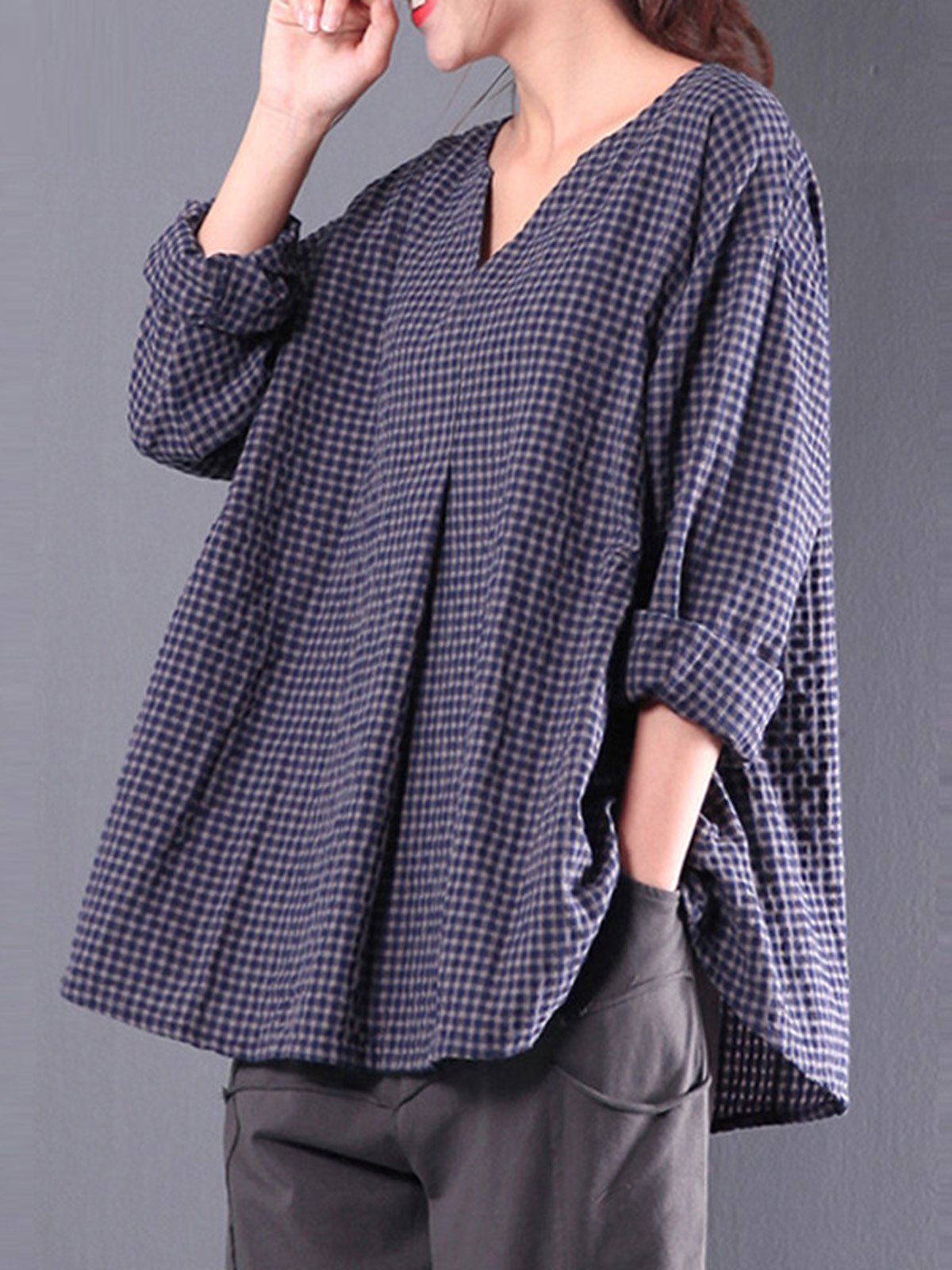 Casual Cotton 3/4 Sleeve Gingham Linen Blouse