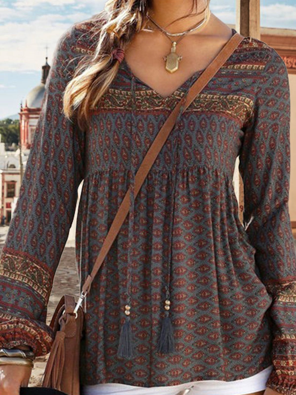 Tribal V Neck Long Sleeve Blouse