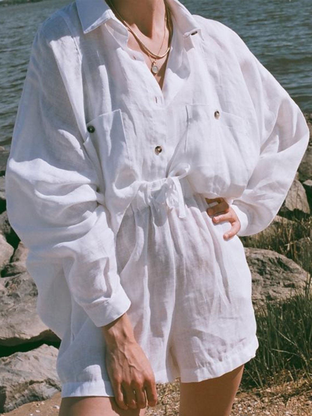 White Cotton Shirt Collar Holiday Plain Shirts & Tops