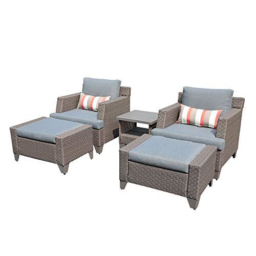 SUNSITT 5-Piece Outdoor Patio Furniture Set, PE Wicker Patio Lounge Chair and Ottoman Set with Grey Cushions & Side Table, Waterproof Furniture Cover Include