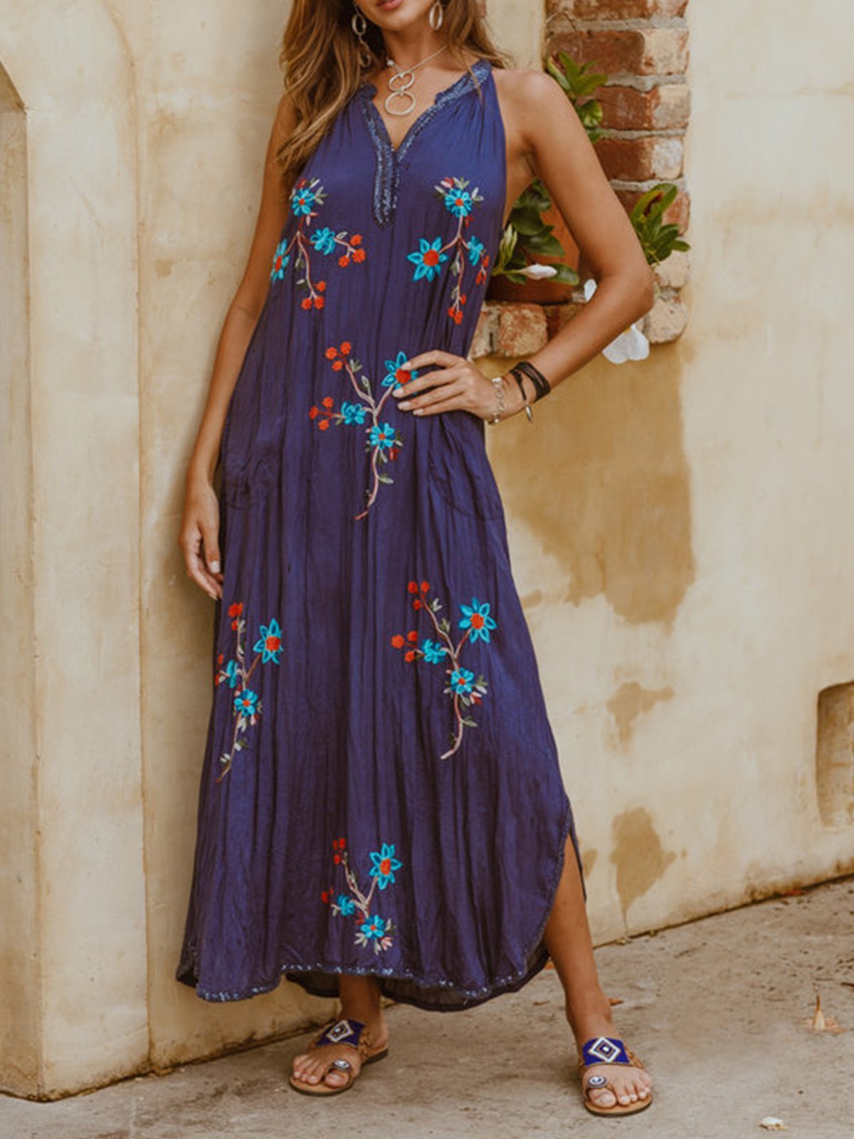 Sleeveless Floral V Neck Casual Dresses