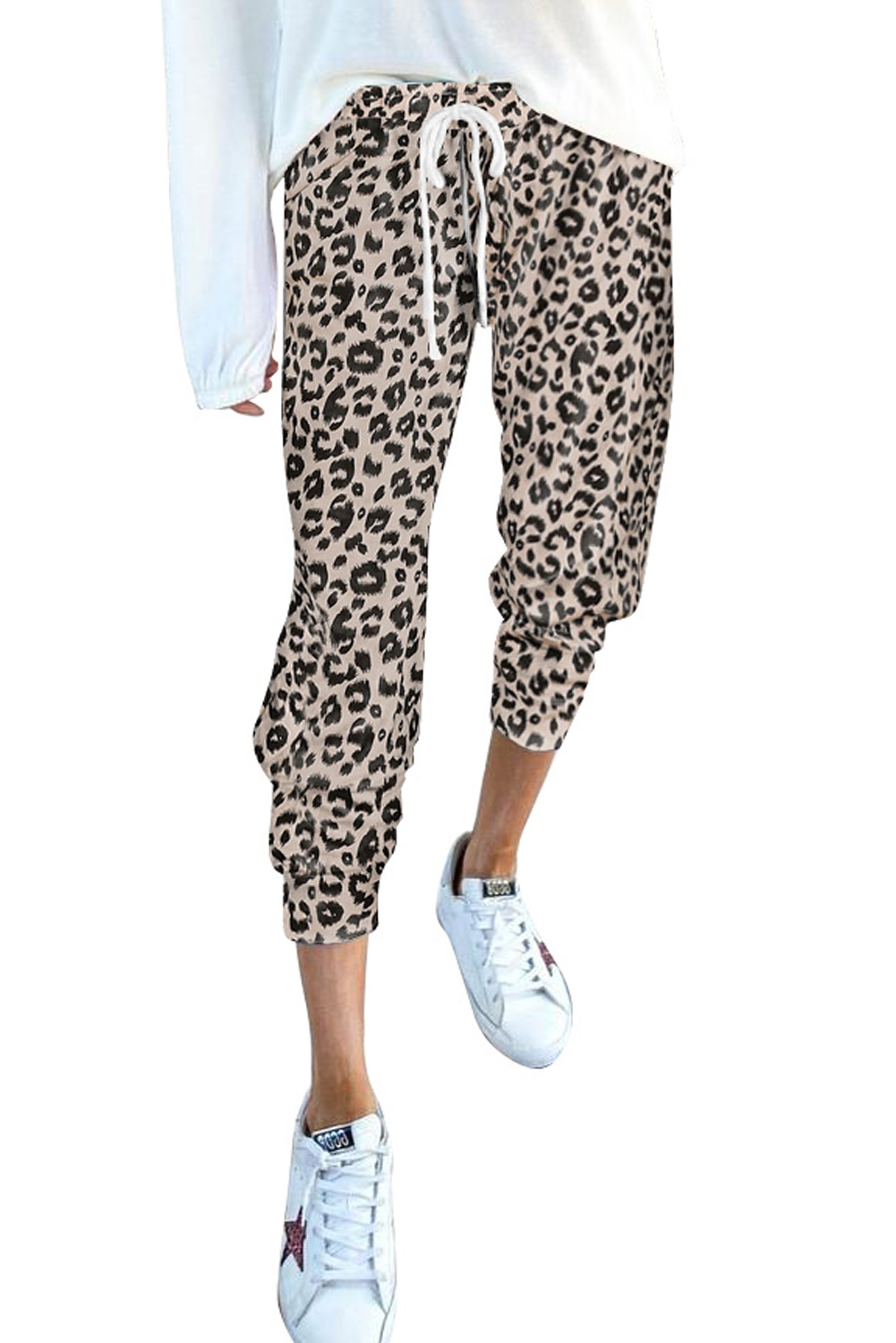 时尚豹纹印花抽绳松紧运动休闲束脚长裤