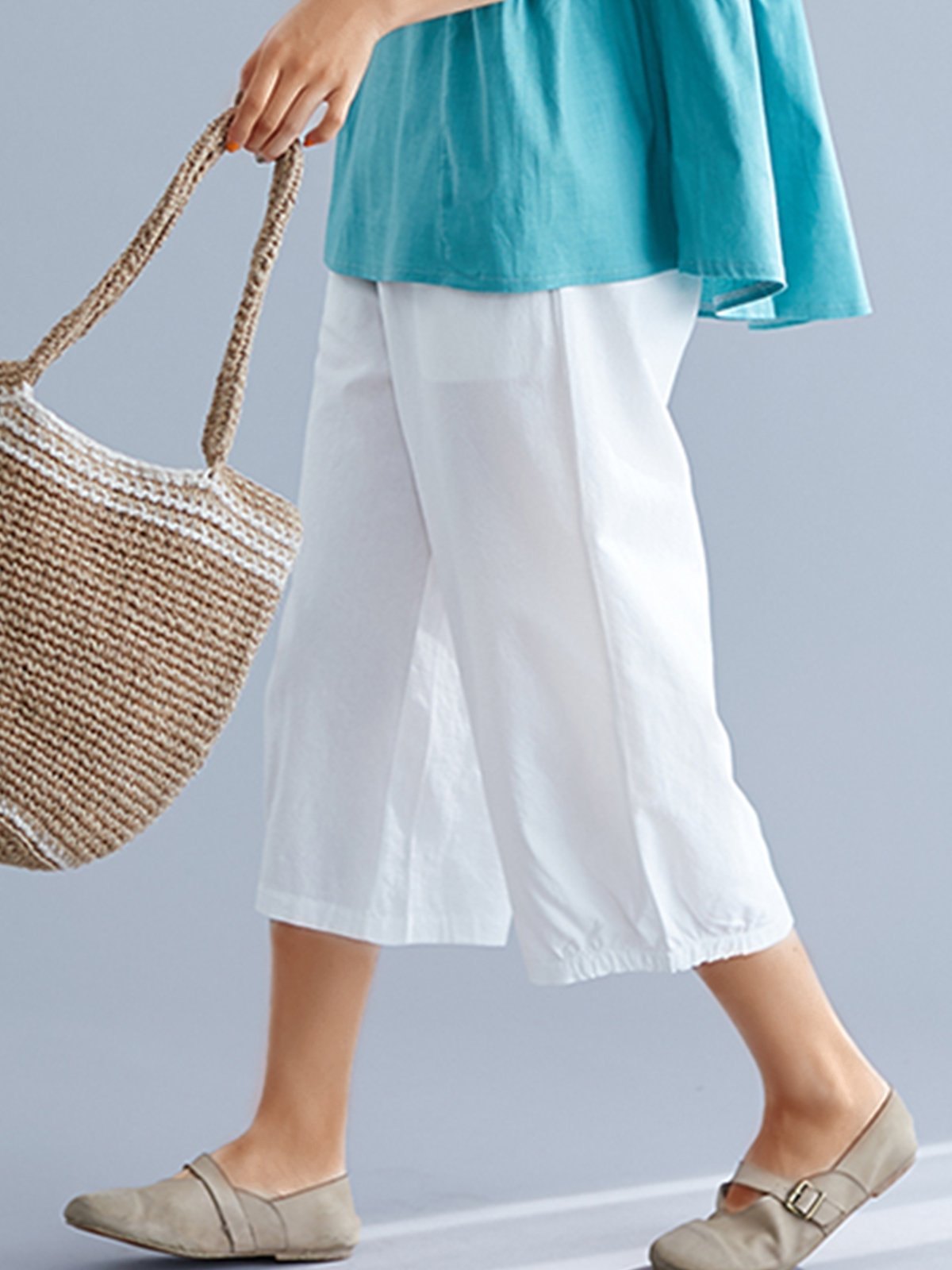 Plus Size Women Cotton Solid Plaid Loose Casual Wide Leg Pants