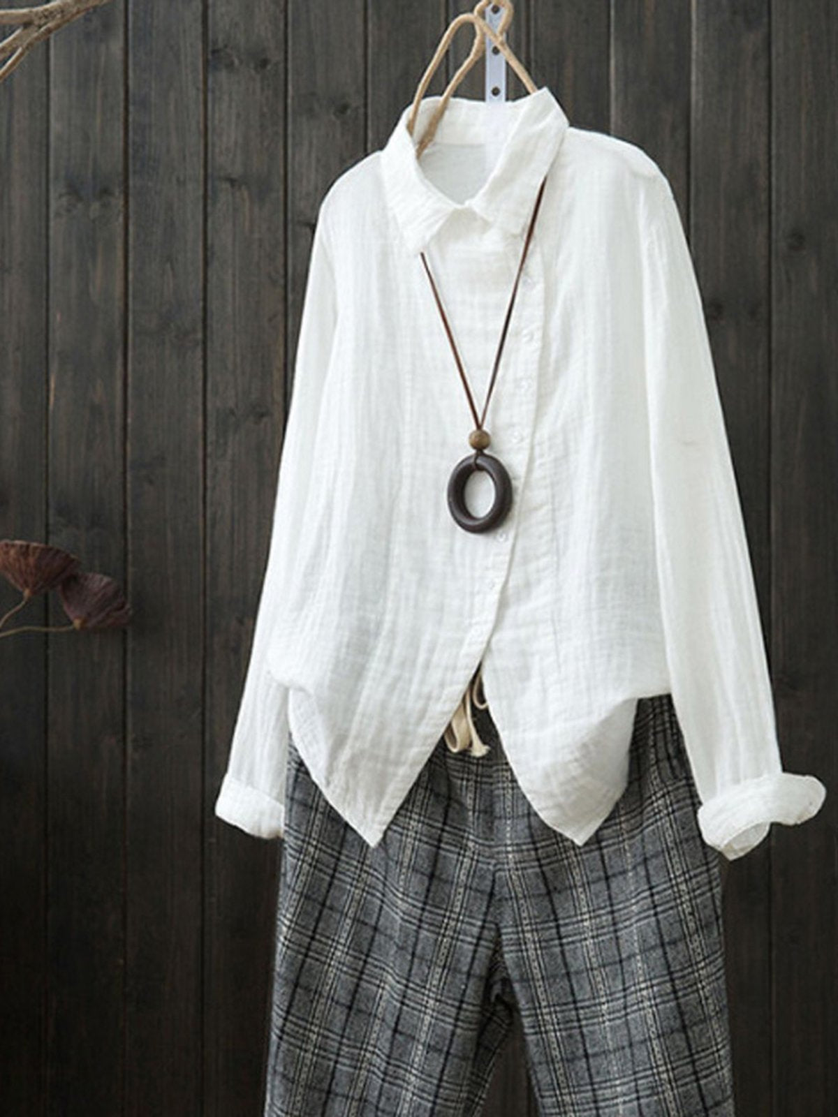 Linen Shirt Collar Asymmetric Long Sleeve Blouses