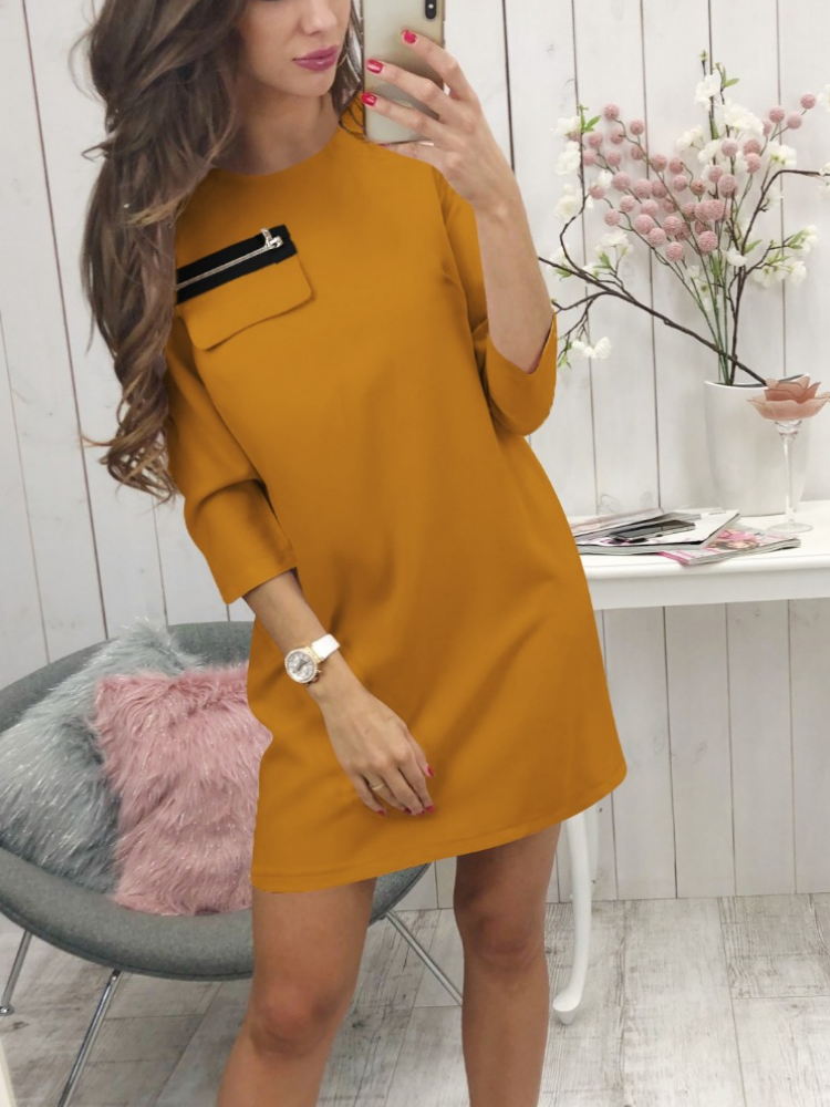 3/4 Sleeve Zipper Appliqued Round Neck Sexy Causal Dresses