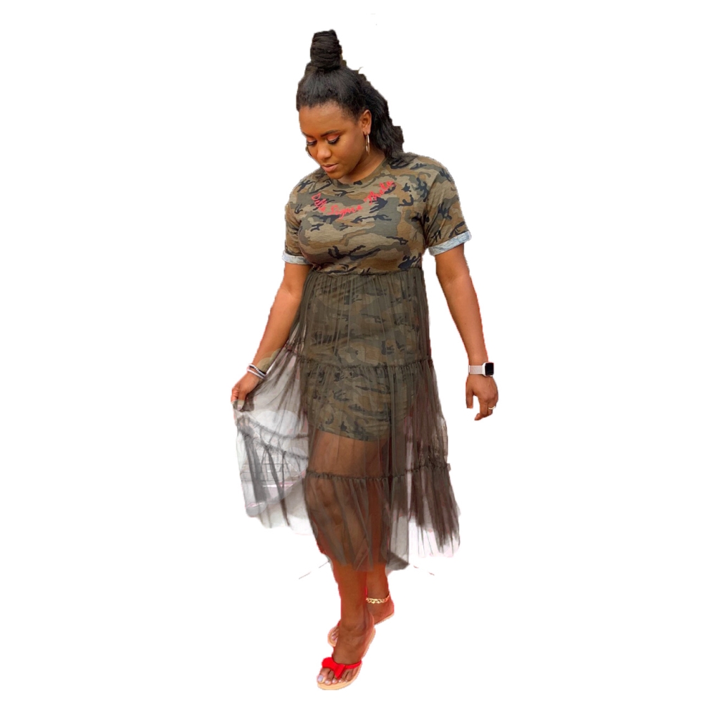 Summer Camou Print Patchwork Mesh Dress
