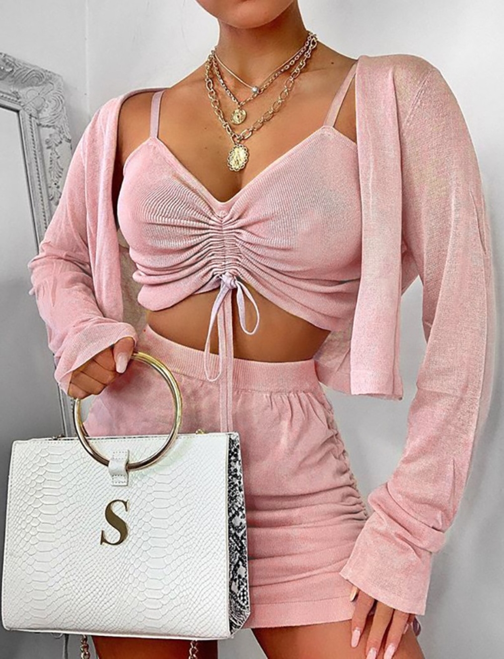 3PC Pink Sexy Crop Top and Shorts Set