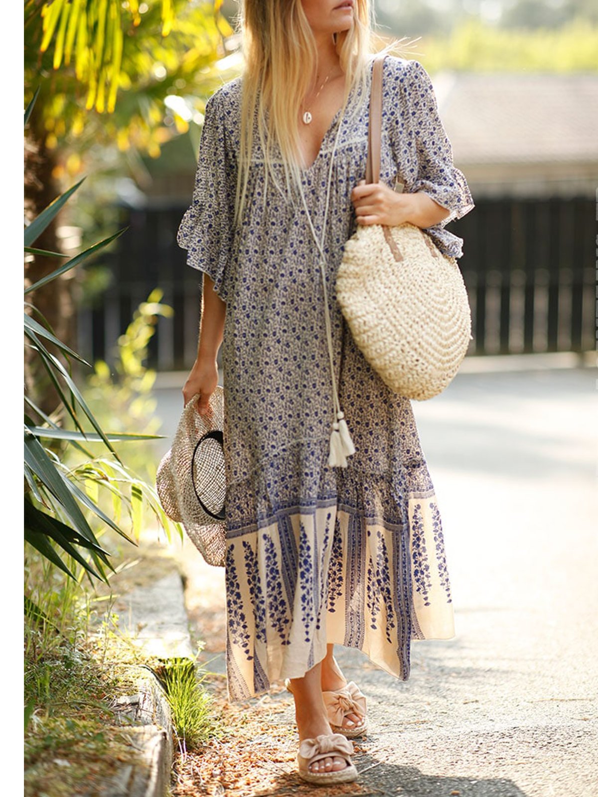 Black Casual V Neck Printed/dyed Chiffon Dresses