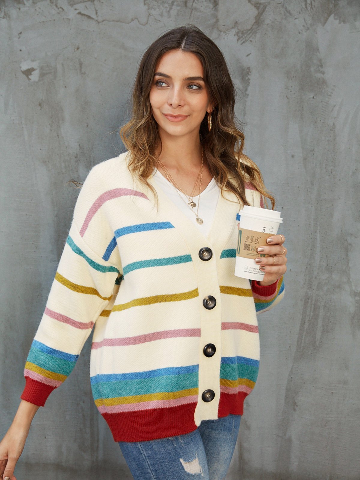 Beige Long Sleeve V Neck Sweater