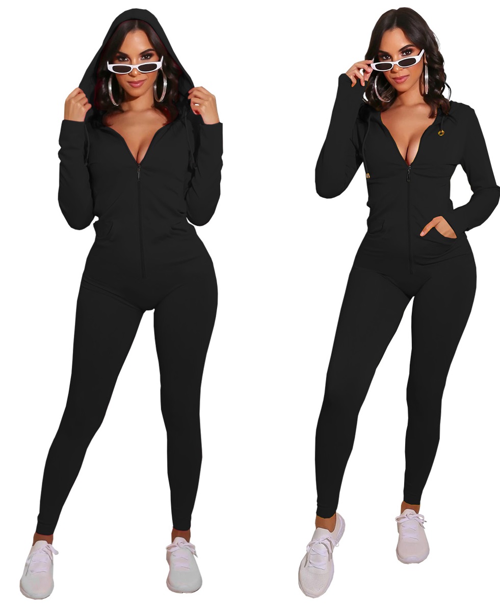 Autumn Sports Fitness Solid Plain Zip Up Hoodie Jumpsuit
