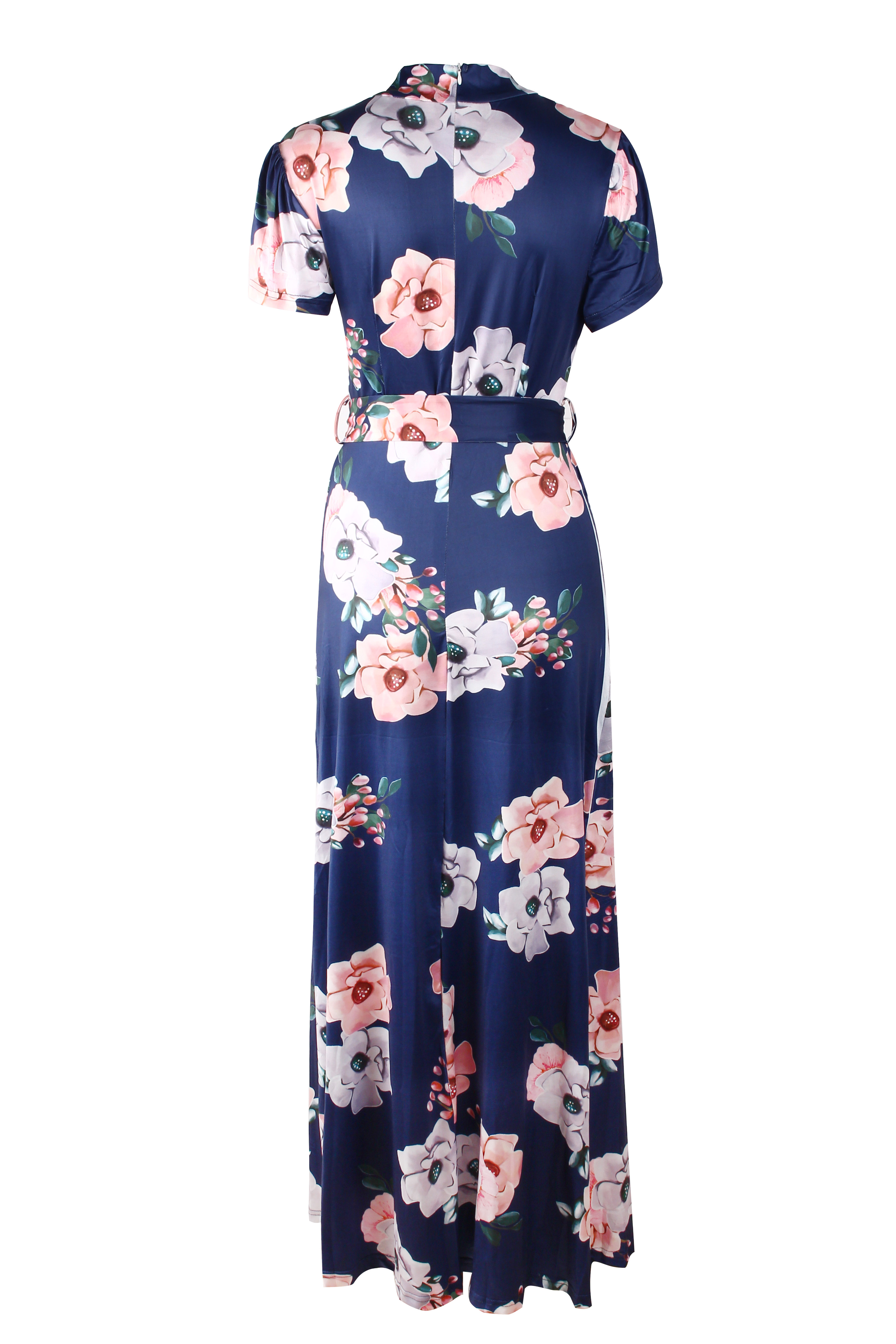 Short Sleeve Floral Long Dress with Belt