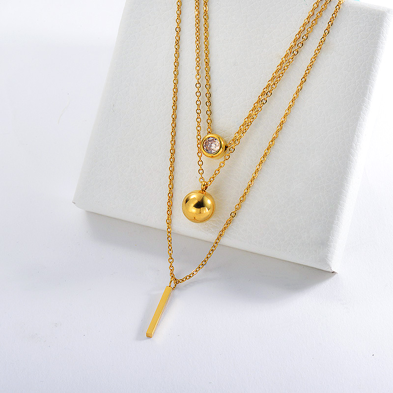 Fashion Gold Bar Ball Charm With Zircon Layered Necklace For Women