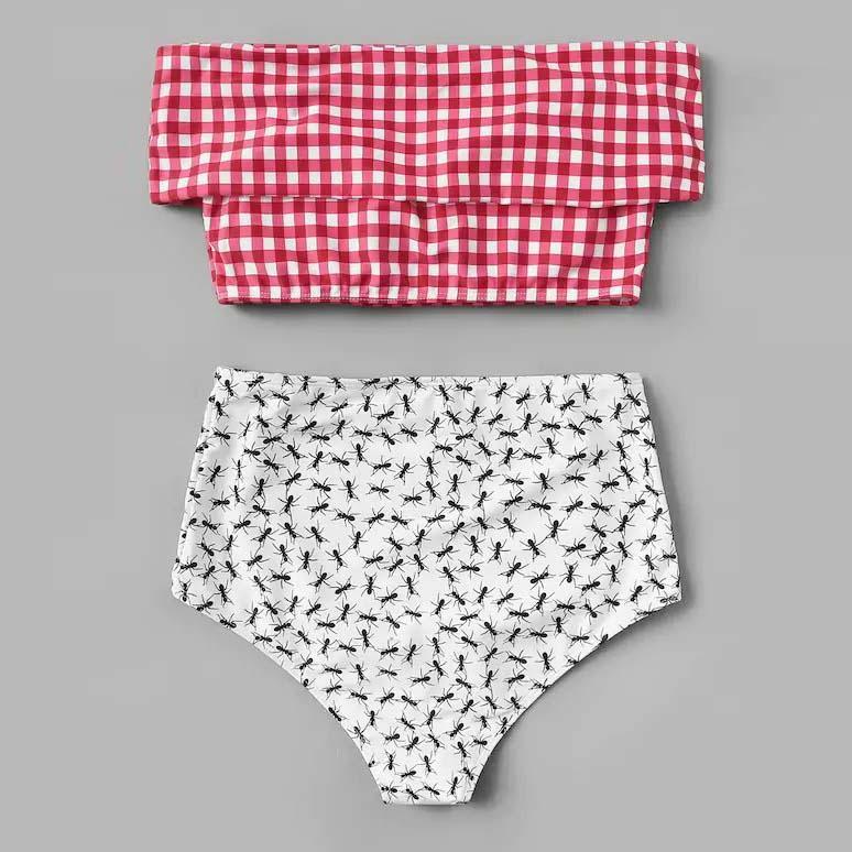 Bikini din tartan, model nou cu talie înaltă, model conservator