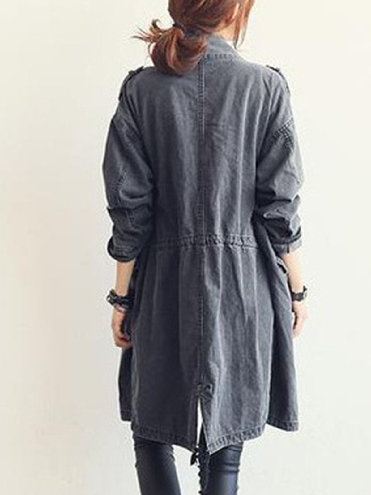 Denim Solid Long Sleeve Pockets Coat