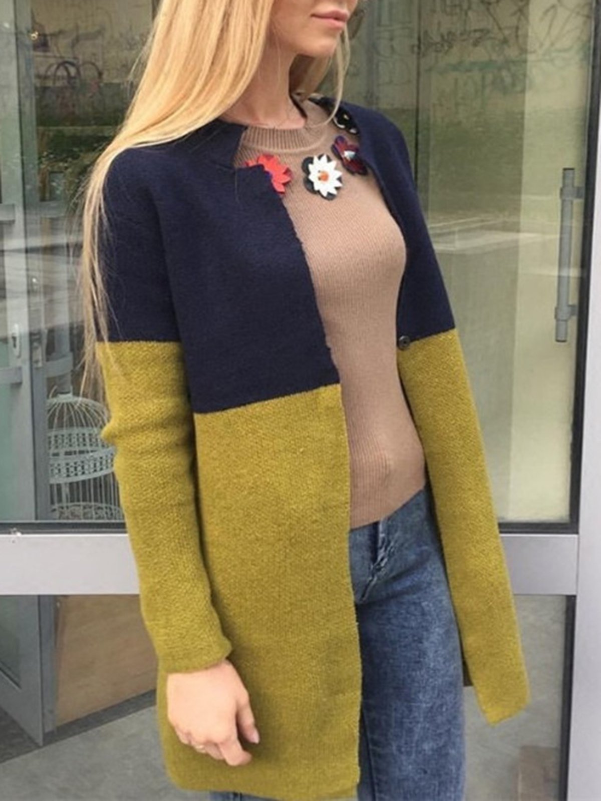 Casual Long Sleeve Stand Collar Color-Block Solid Coat