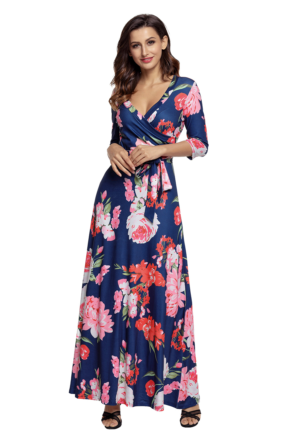 Navy Floral Print Wrapped Long Boho Dress