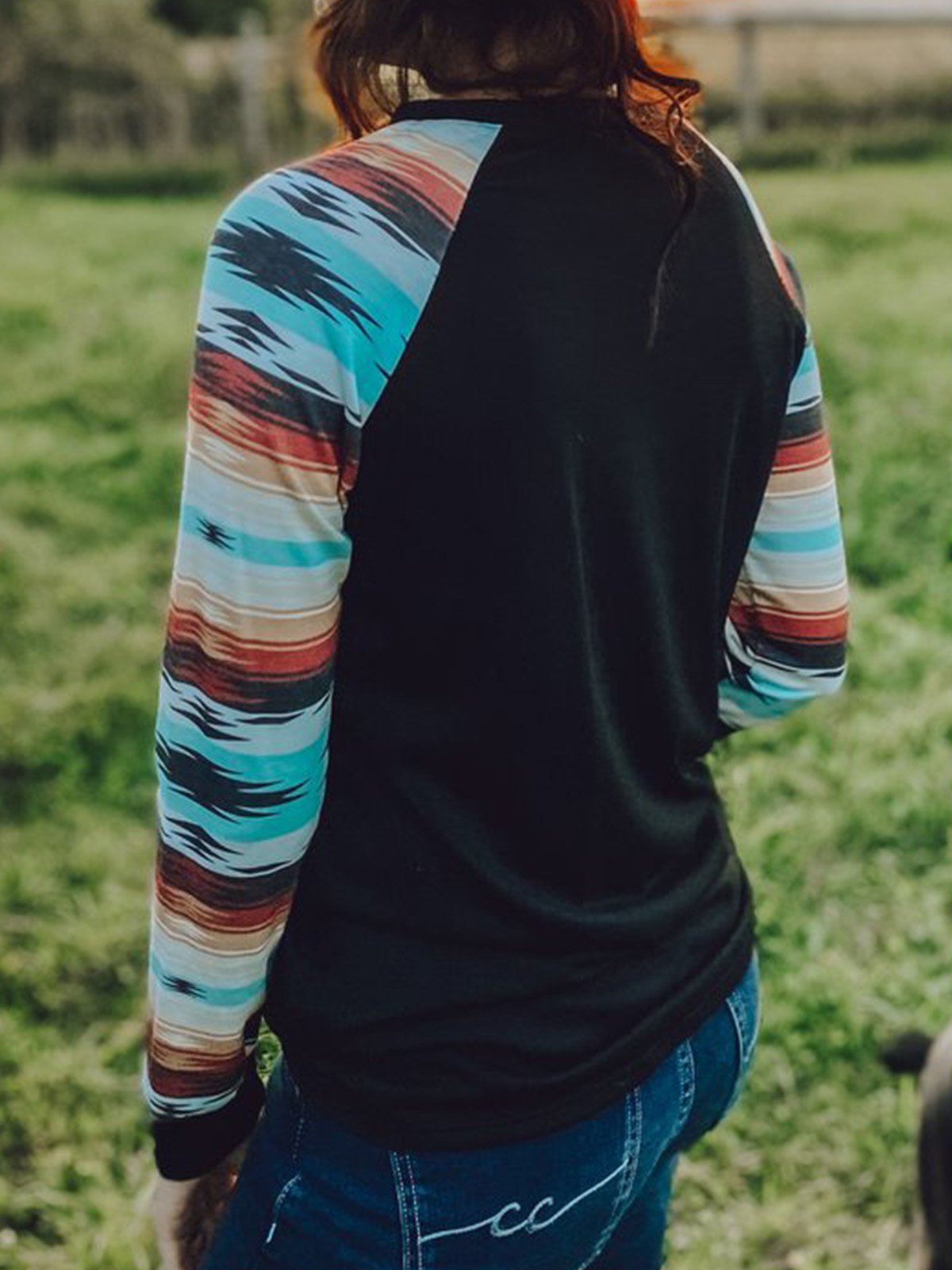 Black Cotton-Blend Long Sleeve Printed Geometric Shirts & Tops