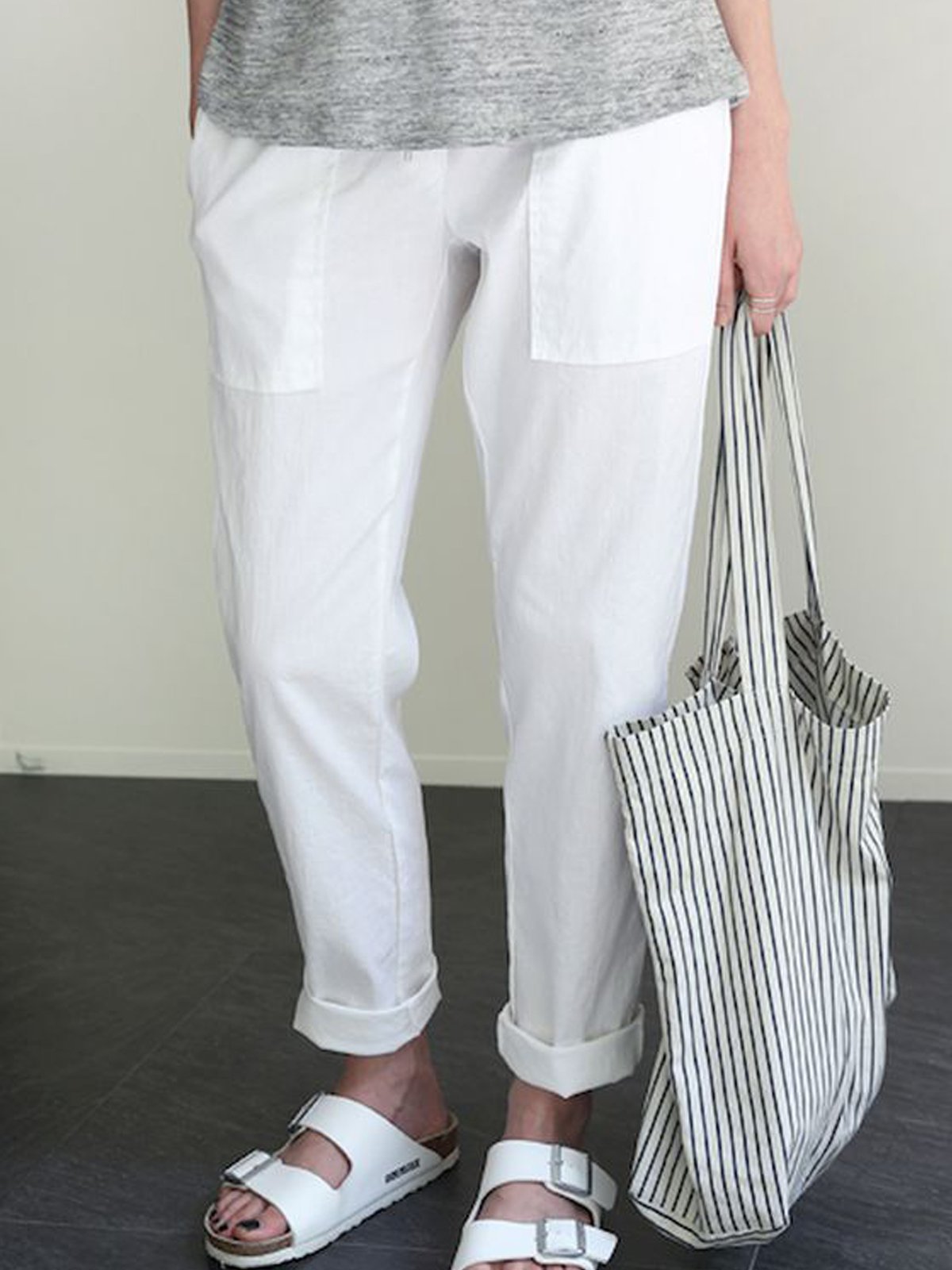 White Casual Plain Pants