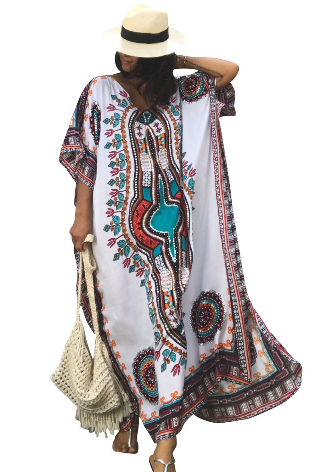 White Ethnic Print Kaftan Maxi Dress