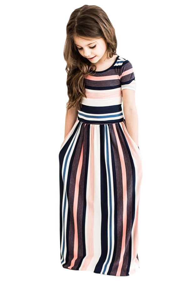 Coral Multicolor Striped Baby Girl Maxi Dress