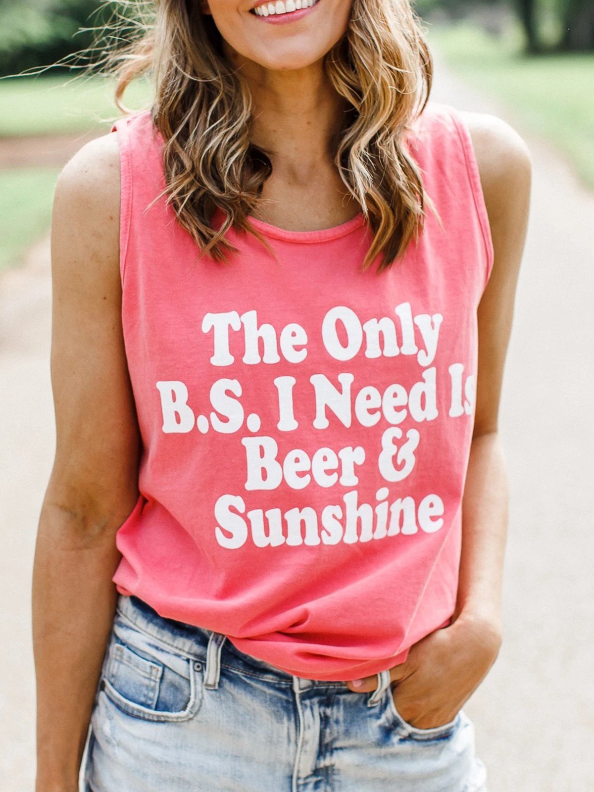 Pink Sleeveless Letter Round Neck Tops