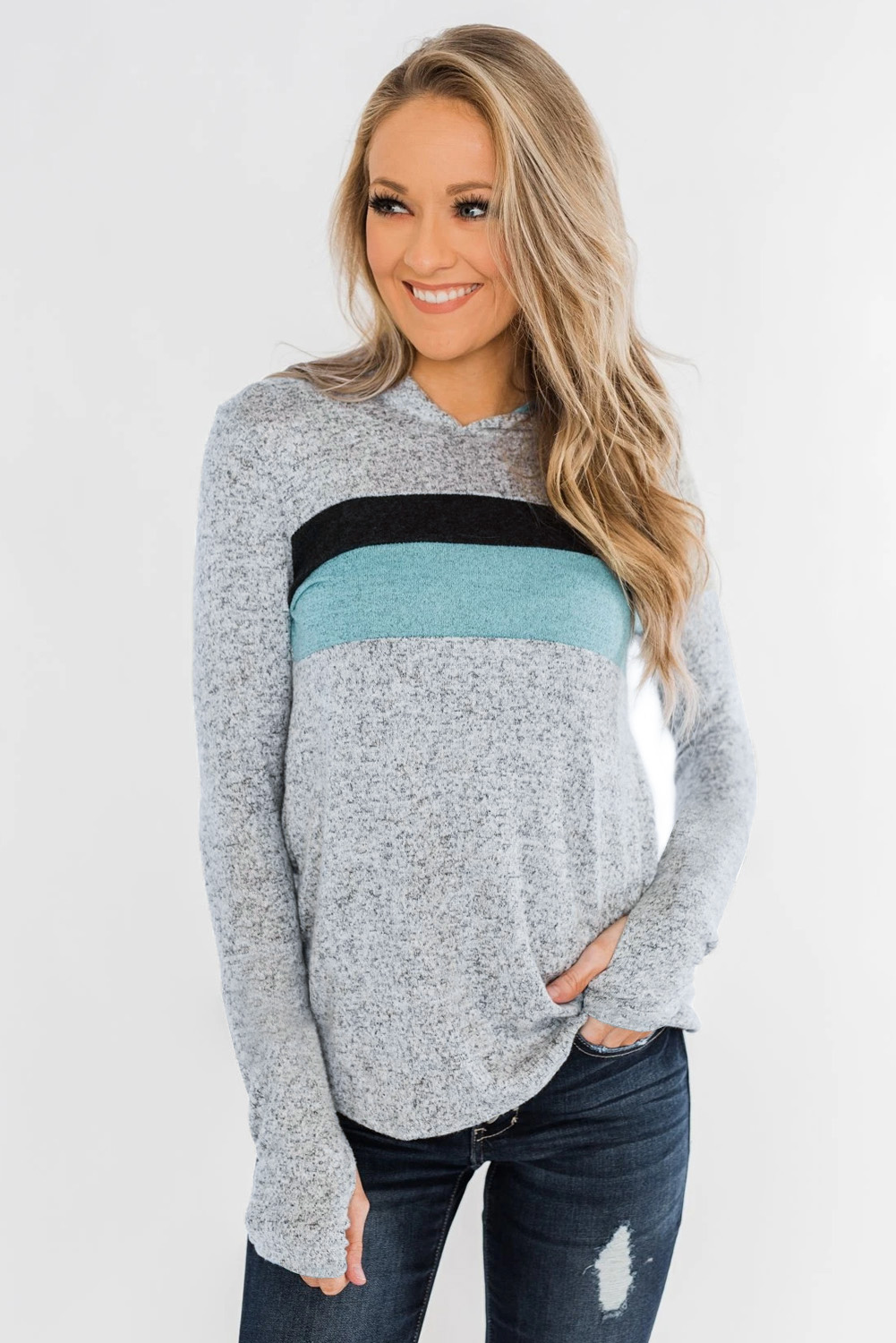 灰色休闲拼色条纹长袖宽松连帽衫