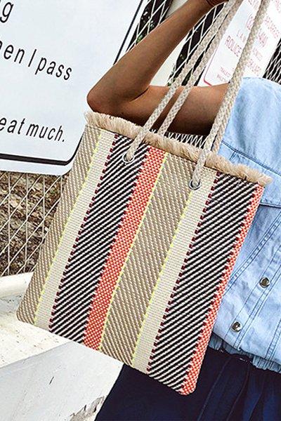 Women's Casual Striped Linen Woven Zipper Tote Bag