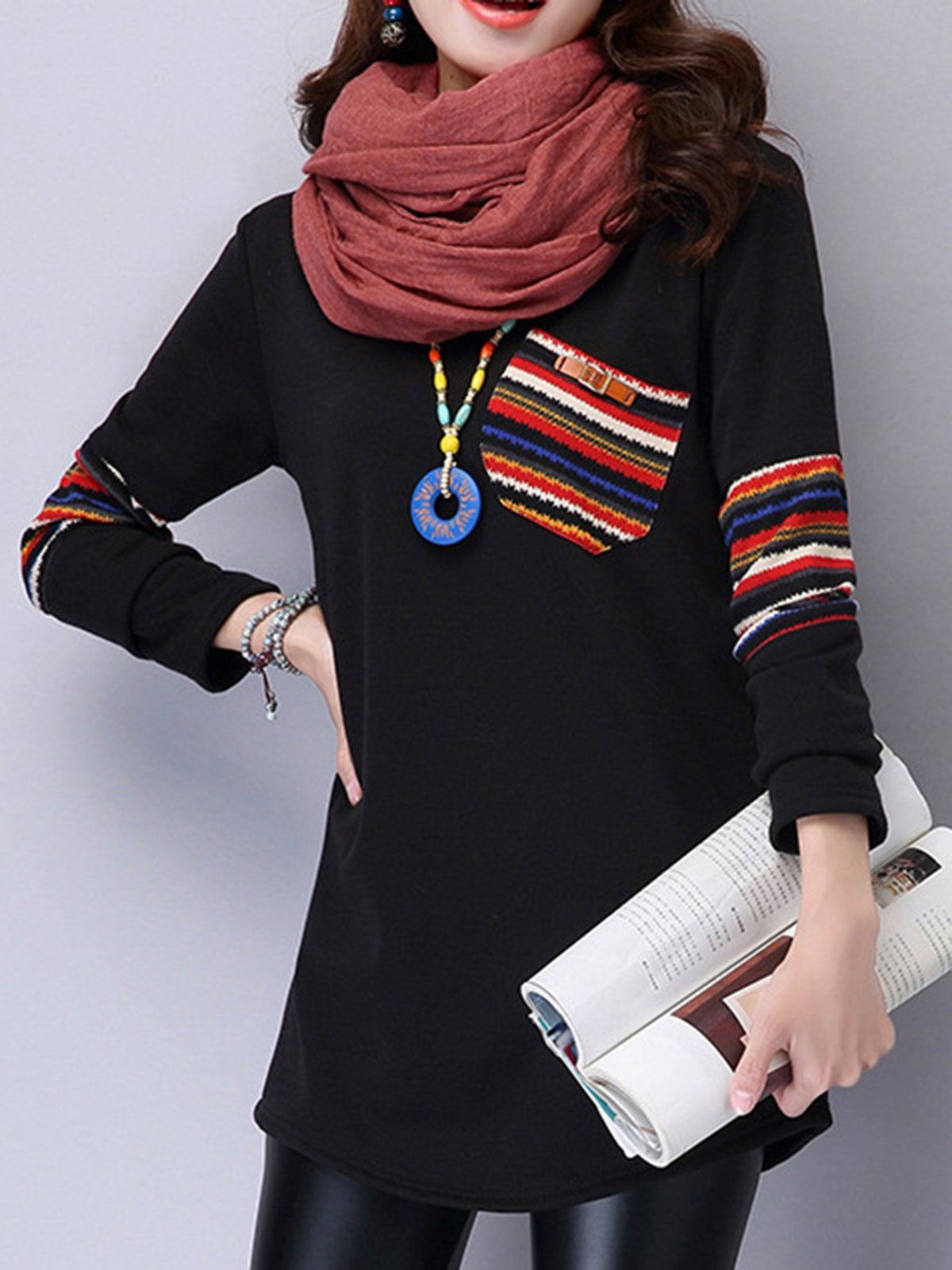Black Long Sleeve Crew Neck Casual Top