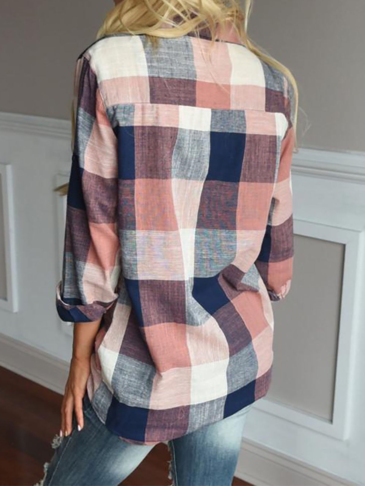 Casual Cotton Shirt Collar Gingham Blouse